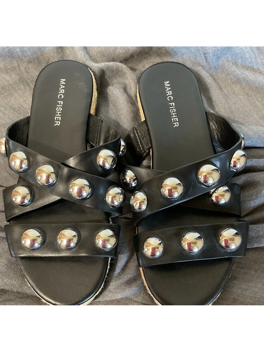 Marc Fisher Black Leather Slide Sandals with Silver Studs